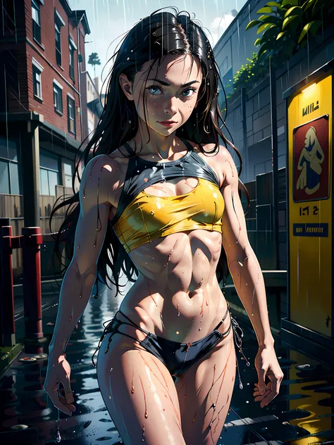 illustration, (smile,:1),(raining,wet,splash:1.3),  (string,abs,small breasts,:1.1),(thin transparent, wet clothes,sfw),thighs, battlefield, (slim, fit,flat chest, petite,ukranian,) photo realistic, high definition, detailed realistic,  hyper detailed, rea...