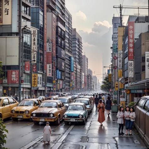 futuristic city seen from the 1970s, photo of tokyo, people in 1970, printing in the 1970s, nostalgic, vintage, color photo, rea...