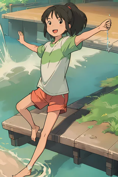 (masterpiece:1.4), (best qualit:1.4), (high resolution:1.4), ogino chihiro, smile, ponytail, long arm shirt, red shorts, barefoo...