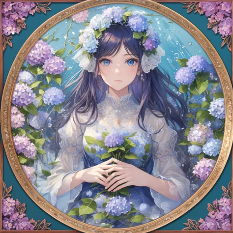 1 girl, masterpiece, top quality, beautiful and aesthetic: 1.2, fractal art: 1.3, jewels, detailed lace, detailed and beautiful round frame, hydrangea around, water, iridescent hair, beautiful girl fits within picture frame, blue gradient background