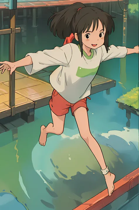 (masterpiece:1.4), (best qualit:1.4), (high resolution:1.4), ogino chihiro, smile, ponytail, long arm shirt, red shorts, barefoo...