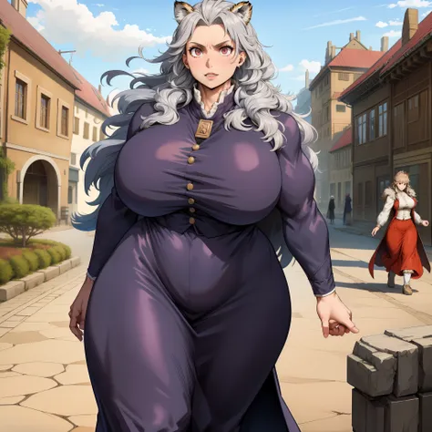 noi,muscular girl, huge chest, tall woman, curved, coat, nun, priestess, vest, pants, skirt, modest, coat, walking, long dress, ...