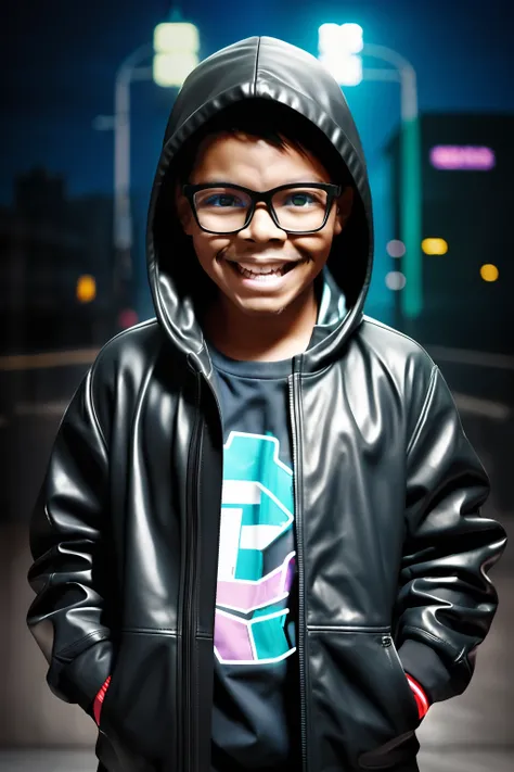 guttonerdvision5, portrait of a happy 3 year old boy wearing glasses, detailed skin and face, with hooded leather clothing, cyberpunk style, neon, colored lights, ultra realistic rainy cyberpunk city scenery, realistic character,