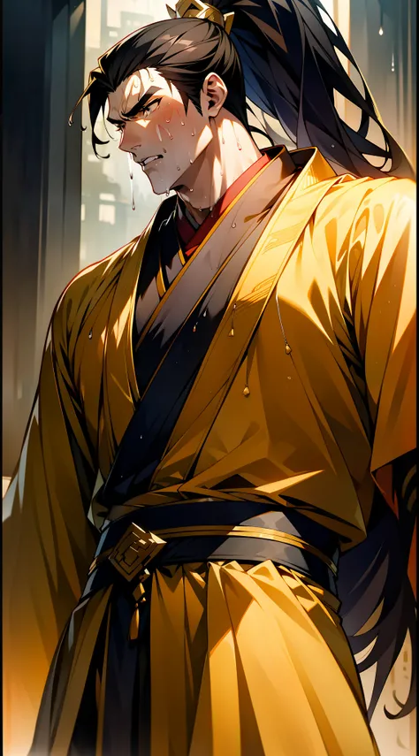 Two-dimensional, anime style, man (male warrior), muscle, correct proportions, face details, martial arts, high ponytail hairstyle, sweating, sweaty face, drooling, neck details, with Adams apple, wet, wet, Hanfu costume, long robe, embroidered robe, drago...