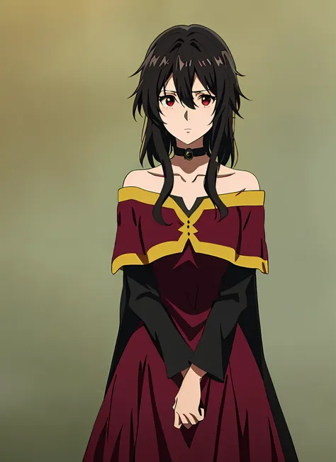 violet evergarden masterpiece, best quality, megumin, 1girl, bare shoulders, black cape, black gloves, black hair, cape, choker, collarbone, dress, hair between eyes, hat, long sleeves, looking at viewer, medium hair, off-shoulder dress, off shoulder, red ...