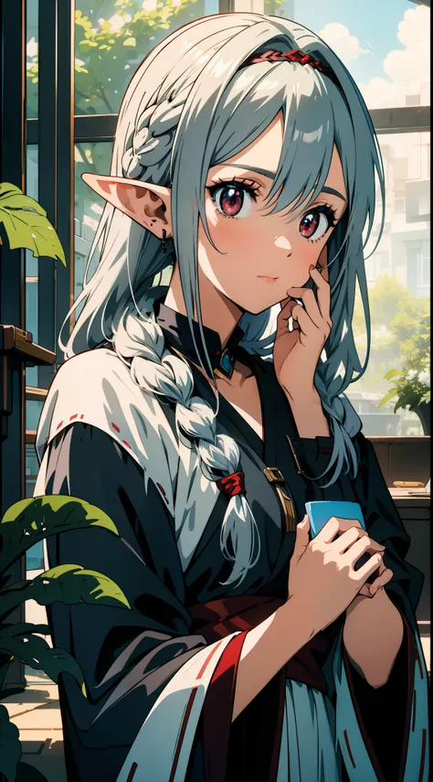 close up portrait of one girl, elf, silver hair, red eyes, braid, putting her hands on her face, amazed, concept art, beautiful ...