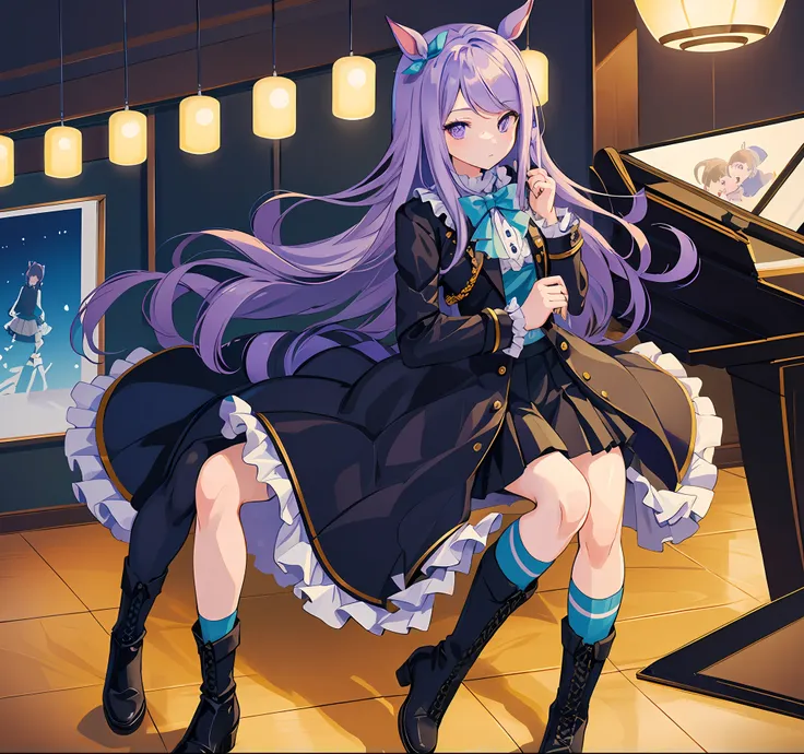 ((masterpiece, best quality)),(illustration),(detailedlight),((anextremelydelicateandbeautiful)),1girl,Mejiro McQueen, Mejiro McQueen(Racing clothes),mejiro_mcqueen_(umamusume),horse ears,horse girl,long hair,purple hair,purple eyes,bright pupils,green bow...