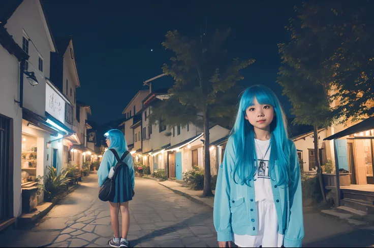 medium blue haired girl in village lit up at night