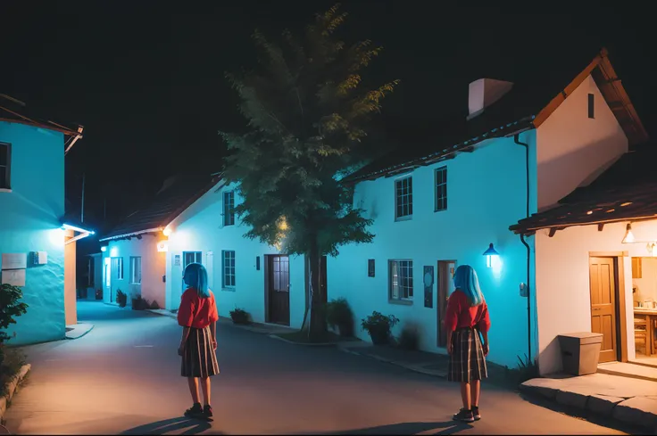 medium blue haired girl in village lit up at night