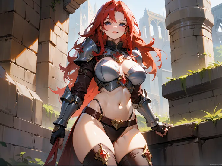 masterpiece, best quality, mature woman, strong, long red hair, light eyes, smiling, berserker, light leather armor, beautiful breasts, exposed thighs, exposed navel, boots, fantasy, medieval, outdoor, dungeon background, dynamic pose, beautiful detailed g...