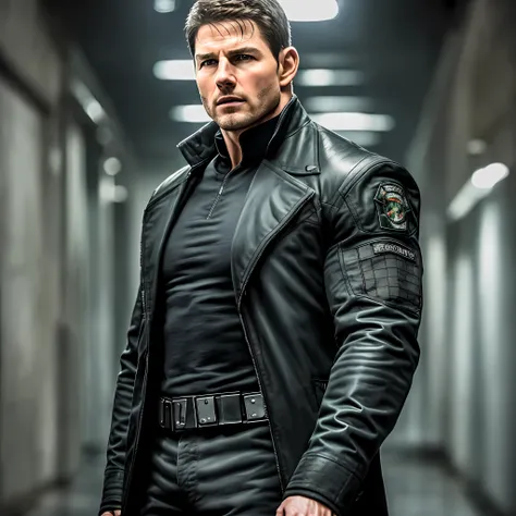 chris redfield if he was played by tom cruise in live action, wearing black long sleeves, black coat, tall and hunk, best qualit...