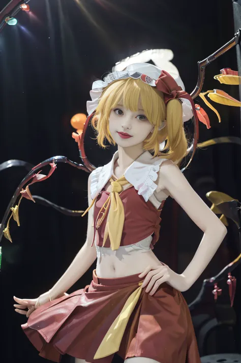 ((flandre scarlet)), ((touhou project)), cosplay, ((yellow hair)), ((bangs)), ((side tail)), ((yellow tie)), ((open shirt)), ((r...