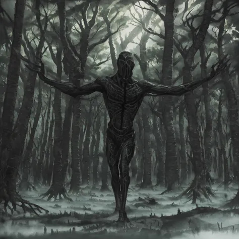 dark creepy forest with a large black figure in between the trees with there body seamlessly made of a black void with unnatural...