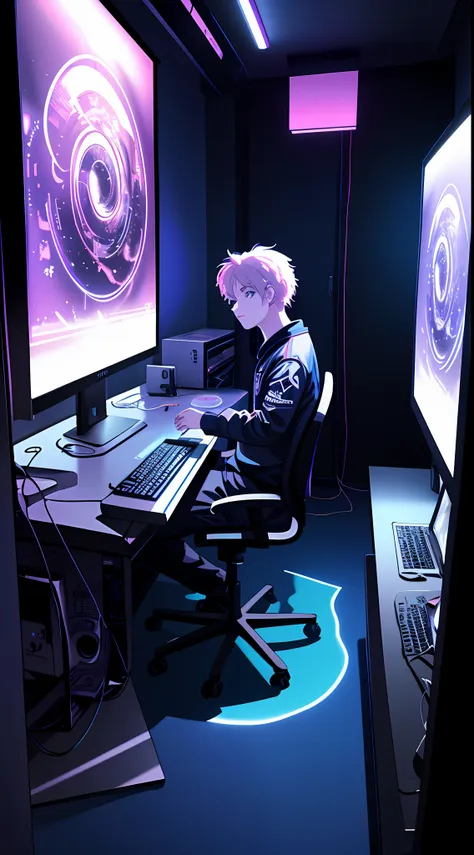 (masterpiece), (best illustration),(no humans), anime background, gaming bedroom, television with large computer, ring lighting ...