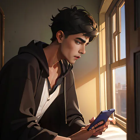 A 20-year-old boy with short hair in a black robe, head down, chatting with smartphone, back against windowsill, bedroom, bed, lamp, night, upper body side display, masterpiece, textured skin, high quality, high resolution