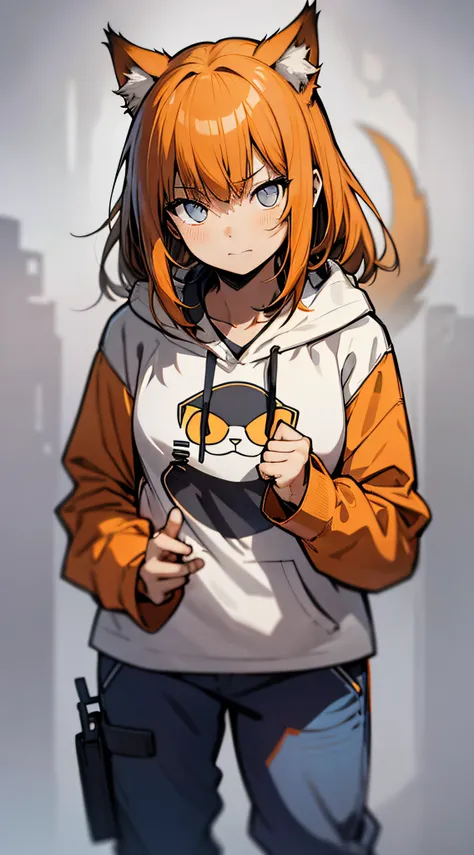 masterpiece, flat background, no background, full body, standing, cat-eared girl one, solo, cute, oversized orange hoodie, t-shi...