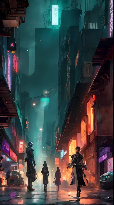 arafed image of a group of people walking down a street at night, cyberpunk city street, cyberpunk night street, cyberpunk blade...