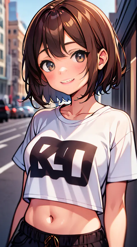 1girl, solo, brown hair, short hair, smile, medium breasts, tshirt, streetwear, masterpiece, best quality, upper body, city