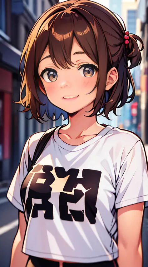 1girl, solo, brown hair, short hair, smile, medium breasts, tshirt, streetwear, masterpiece, best quality, upper body, city