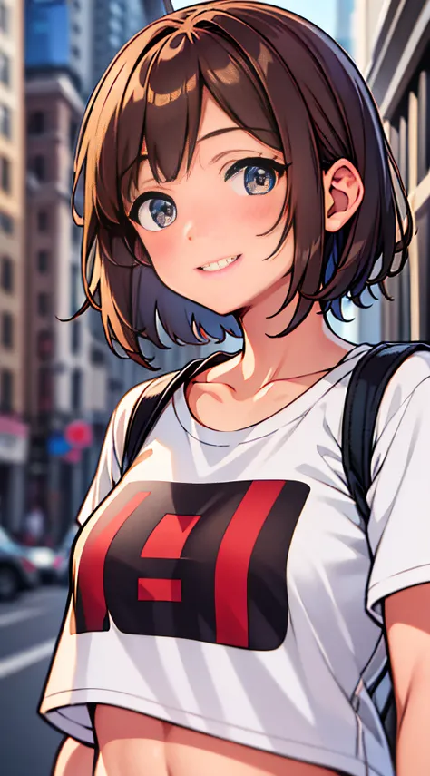 1girl, solo, brown hair, short hair, smile, medium breasts, tshirt, streetwear, masterpiece, best quality, upper body, city