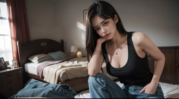 Beautiful 18 year old girl. Wear a sexy tank top and jeans on the bottom. Dramatic light hours look joyful in the room. Shot at the Phase One XF IQ4 85mm, eye focus on sharp detail. 8K High Resolution --ar 9:16 --s 750 --v 5.1