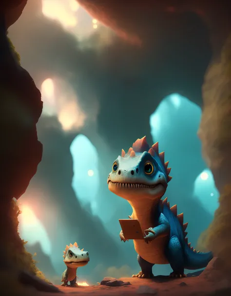 cinematic portrait of a cute Tyrannosaurus Rex exploring a dark and mysterious cave filled with gorgeous, cute, 4k, detailed, digital art, arstation trend, disney, pixar,