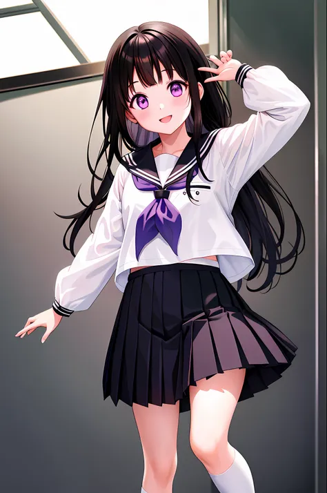 1girl, chitanda eru, long hair, black hair, school uniform, purple eyes, white shirt, white socks, pleated skirt, bangs, black s...