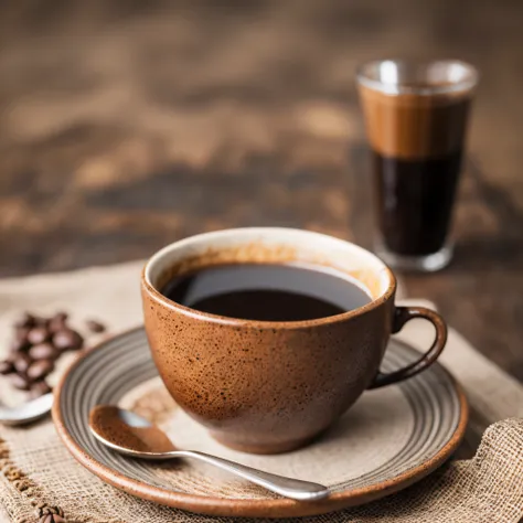 roasted coffee and beans spread over on a cloth with a cup of clay coffee photographed with a 35mm hdr ultra realistic macro cam...