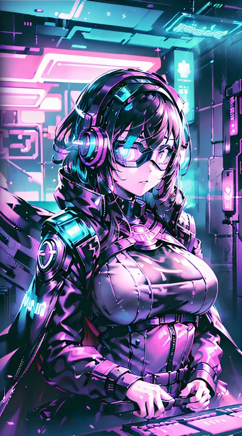 ((best quality)), ((masterpiece)), (highly detailed:1.3), 3d,neonnoir, beautiful cyberpunk woman,(wearing head-mounted display t...