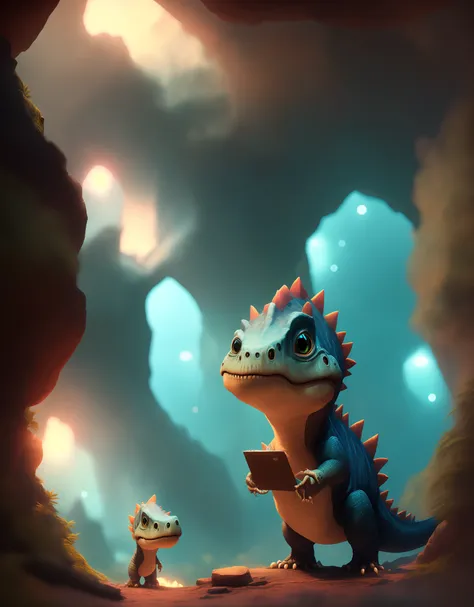 cinematic portrait of a cute Tyrannosaurus Rex exploring a dark and mysterious cave filled with gorgeous, cute, 4k, detailed, digital art, arstation trend, disney, pixar,