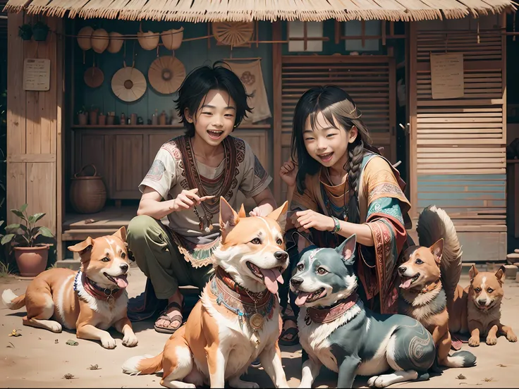 bohoai (happy boys and girls) playing with dogs