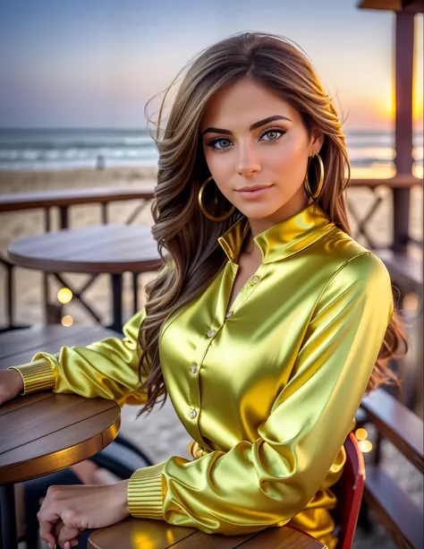 photo of (sh0hreh:0.99), a stunning beautiful young woman, hazel eyes, long messy windy light brown hair, closeup zoomed in tight crop portrait, sitting at a (table on a seaside boardwalk cafe bar drinks cocktails:1.2) wearing a (red designer long sleeve s...