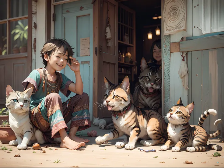 bohoai (happy boys and girls) playing with cats and dogs