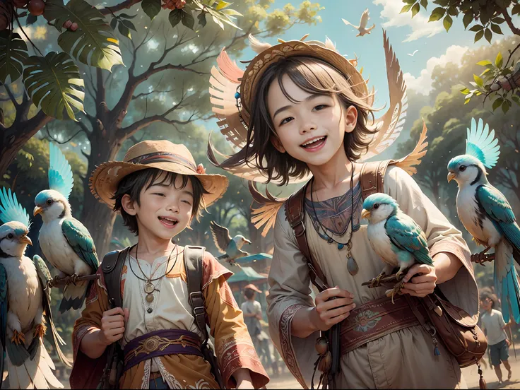 bohoai (happy boys and girls) playing with (beautiful birds), flying,