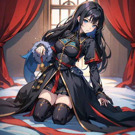 High quality, anime style, black hair, blue eyes, black silk, period costume, high cold, kneeling posture, royal sister, bangs, tight, breeze, exposed --auto --s2