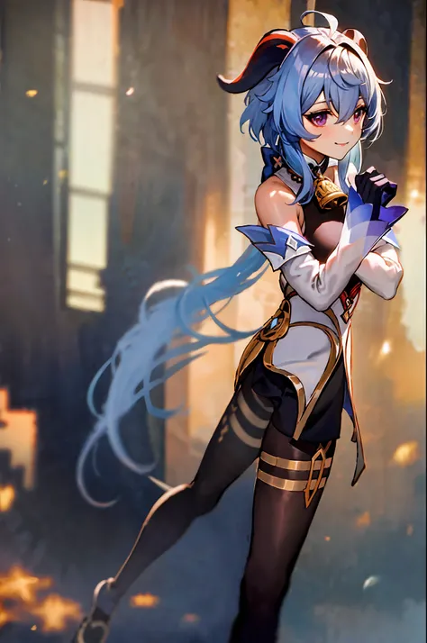 masterpiece, best quality, 1girl, solo, long hair, breasts, smile, bangs, gloves, bare shoulders, medium breasts, blue hair, purple eyes, ahoge, pantyhose, sidelocks, parted lips, detached sleeves, horns, black gloves, black pantyhose, bell, neck bell, whi...