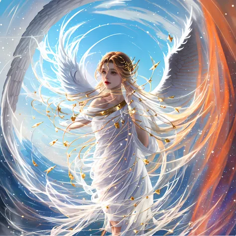 Create an ultra-realistic angel, with a divine appearance and that demonstrates peace to those who see the image, behind a blue sky with paradise --auto --s2