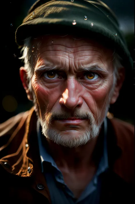 (sharp focus:1.2), an award winning photo of an old man peasant, water droplets, thunderstorm outside, lightning back lighting, , lines on face, wrinkles, extremely detailed skin, sadness, hopelessness ,cloudy eyes, (deep shadows:1.1), high contrast, beaut...