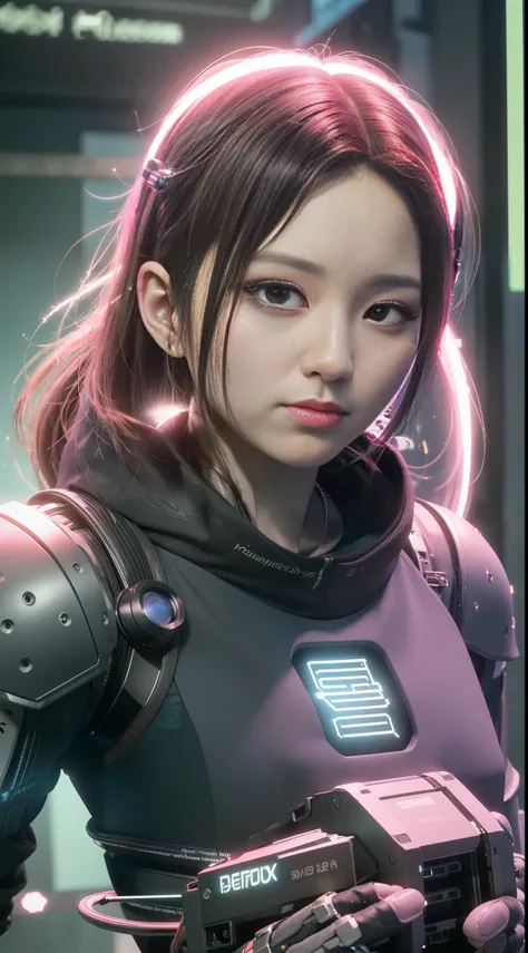 ((best quality)), ((masterpiece)), (high definition:1.3), 3d, beautiful (cyberpunk:1.3) female hacker with thick voluminous hair...