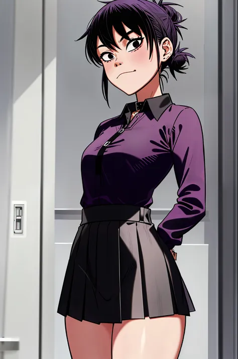 noodles (gorillaz), masterpiece, best quality, 1girl, solo, hair between eyes, black shirt, hips, shirt, purple hair, skirt, str...