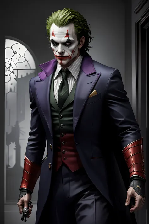 (8k, RAW photo, best quality, masterpiece: 1.2), ultra detailed, official art, photo-realistic: 1.37, upper body shot, DC Joker, grain film, action pose,batman