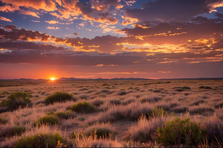 steppe at sunset, sky burning clouds, sunset