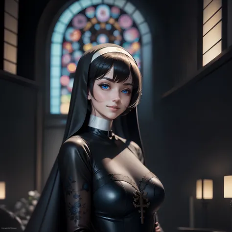 A Masterpiece, Anime Style, Very Attractive, Church Nun, Perfect Blue eyes, In a Fantasy City, Perfect Face, Perfect Body, Detailed and Intrincicate, Photoshoot, HD, Smilling, Bioluminicense