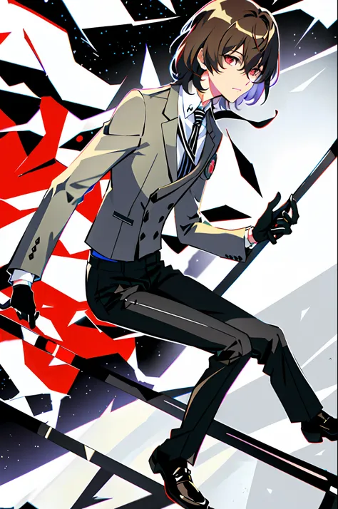 akechi gorou, winter uniform, 1boy, solo, striped necktie, black gloves, black pants, black loafers