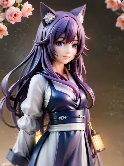 1girl, cat ears, cat tail, long blue hair, beautiful bright blue eyes, smiling, wearing a light pink kimono, standing under a night sky with a full moon, surrounded by blue roses, [realistic], [3d], (8k, RAW photo, best quality, masterpiece:1.2), ultra hig...