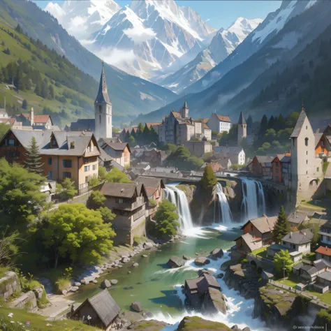 chamonix, france, alps, ((Masterpiece)), village, moutains, waterfall, (apocalyptic), (ruins), (chaos)