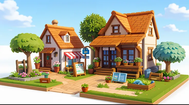 (Miniature cityscape), (Isometric:1), Cartoon style, (Sandbox game style), (White background), (superb detail), Florists, potted plants, flowers, grass, trees, shops, shops, signs, Lighting, Clear sky, Outdoors, Landscapes, Clouds, Sky, Roads, Grass,, gra...