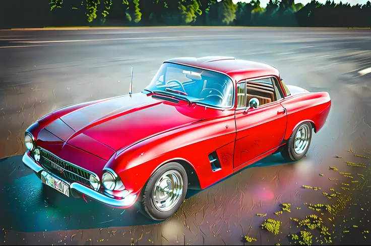 photo of a red 1960 corvette, high quality photo, 8k resolution, warm ambient light, volumetric light, isometric top view