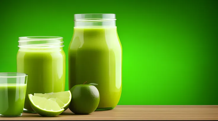 advertising photo ,fruits ,glass jar with green juice ,infinite infinite living green background blurred,cinematic blur 60,30,10
