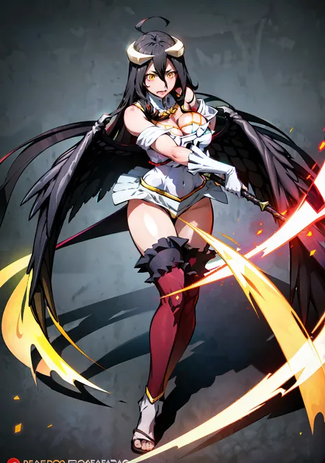 Albedo of Overlord, Albedo, Albedo of Overlod, A cartoon image of a woman, fighting game character, Guilty Gear art style, video game character Katana Zero, official character art, Cushart Kenz, Megumin, fighter pose, official art